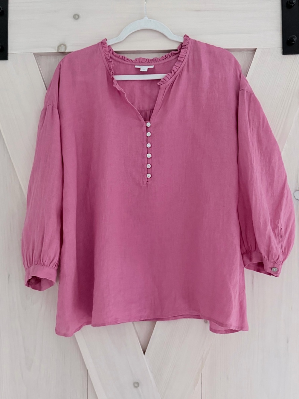 J. Jill Rose Pink Ruffled Botton  Closure Popover Henley Blouse Top M Linen